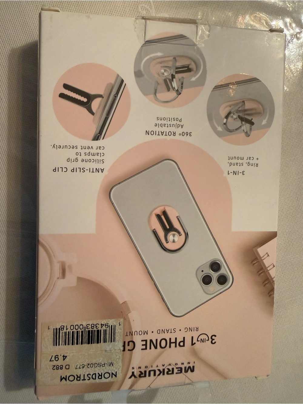 Merxury 3-in-1 White Phone Ring Grip, Stand & Car Mount